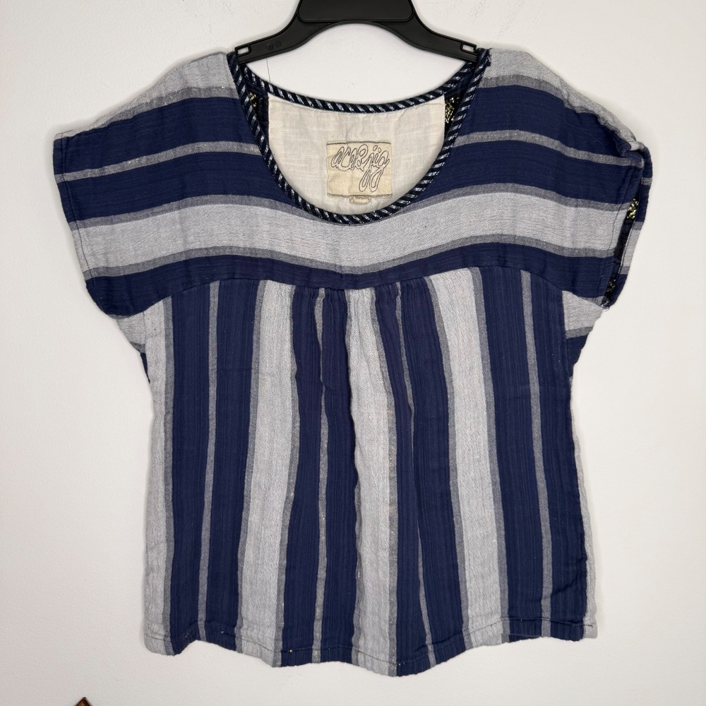 Ace & Jig Maritime Striped Cotton Double Cloth Top Blue Grey Metallic M